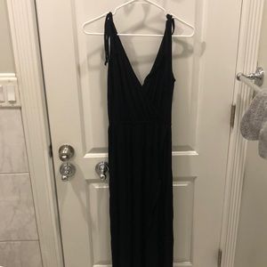 Black Floor Length Wrap Dress with Tied Spaghetti Straps